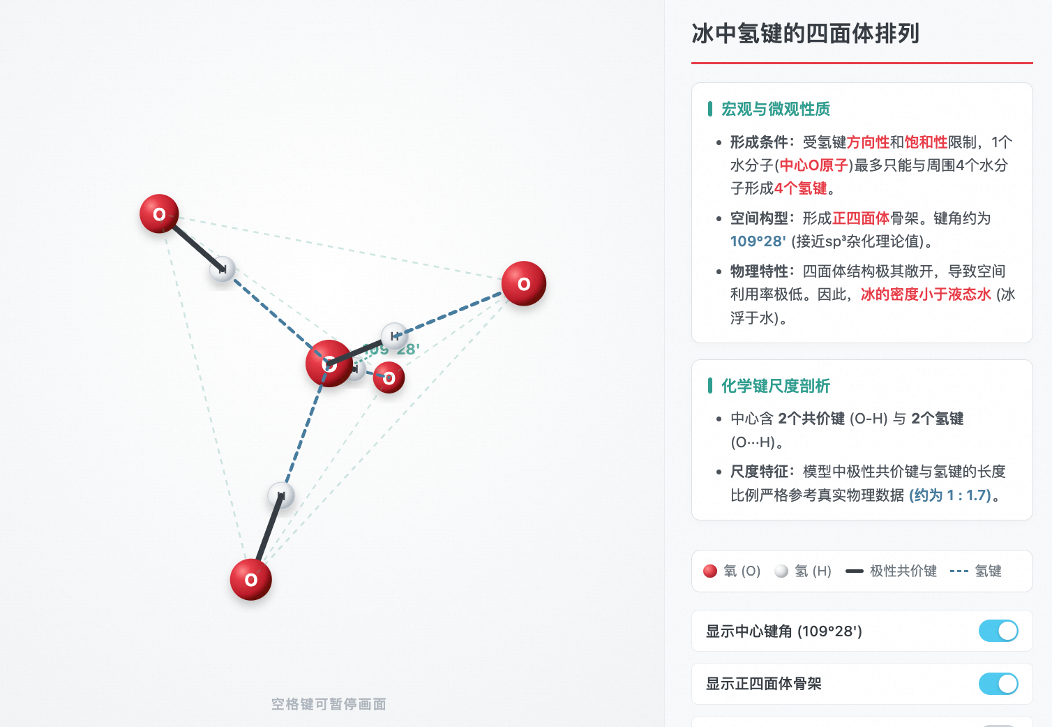 冰中氢键的空间四面体排列