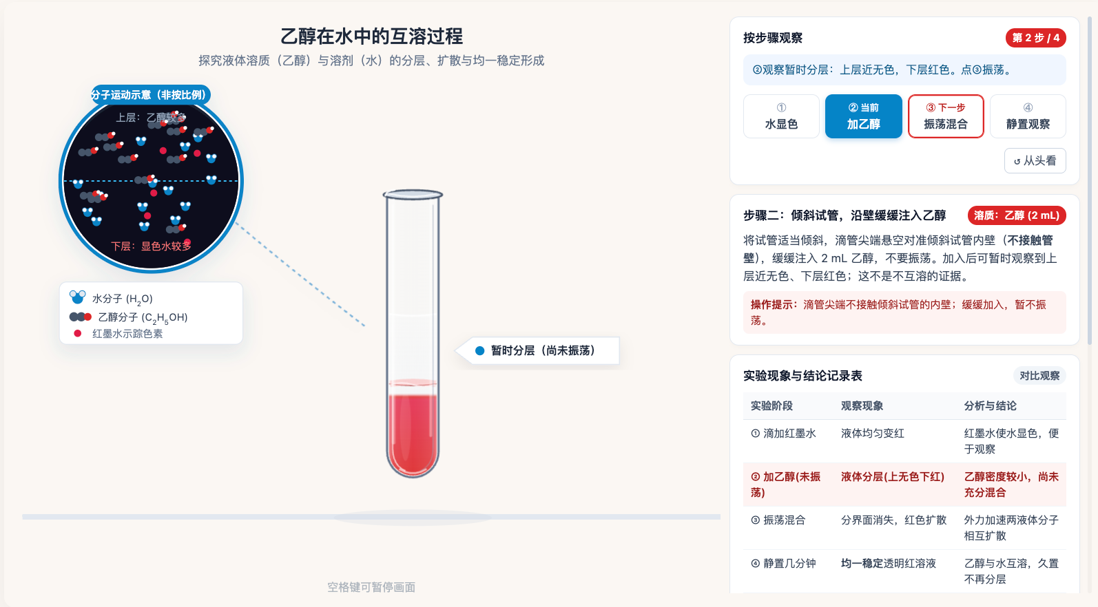 乙醇与水互溶的分层到混合过程