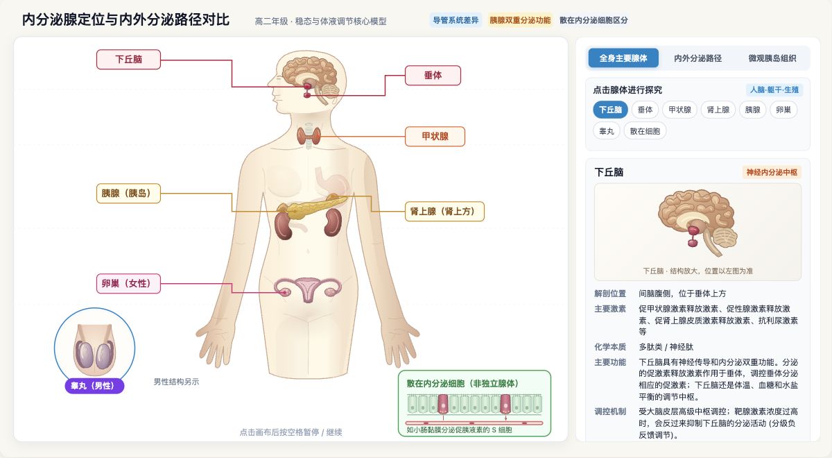 内分泌腺定位与内外分泌路径对比