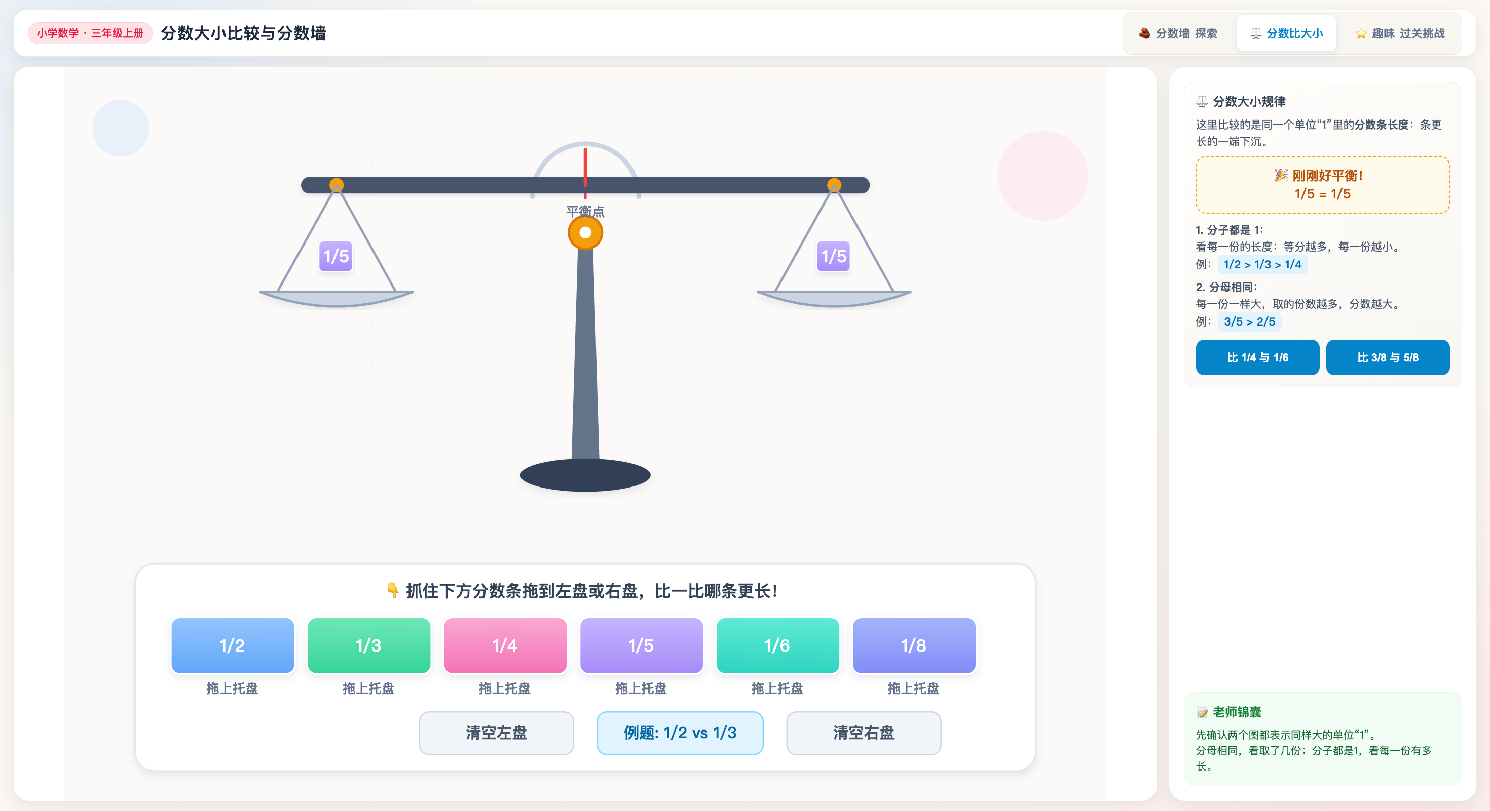 分数墙互动可视化:比较分数大小与等值关系
