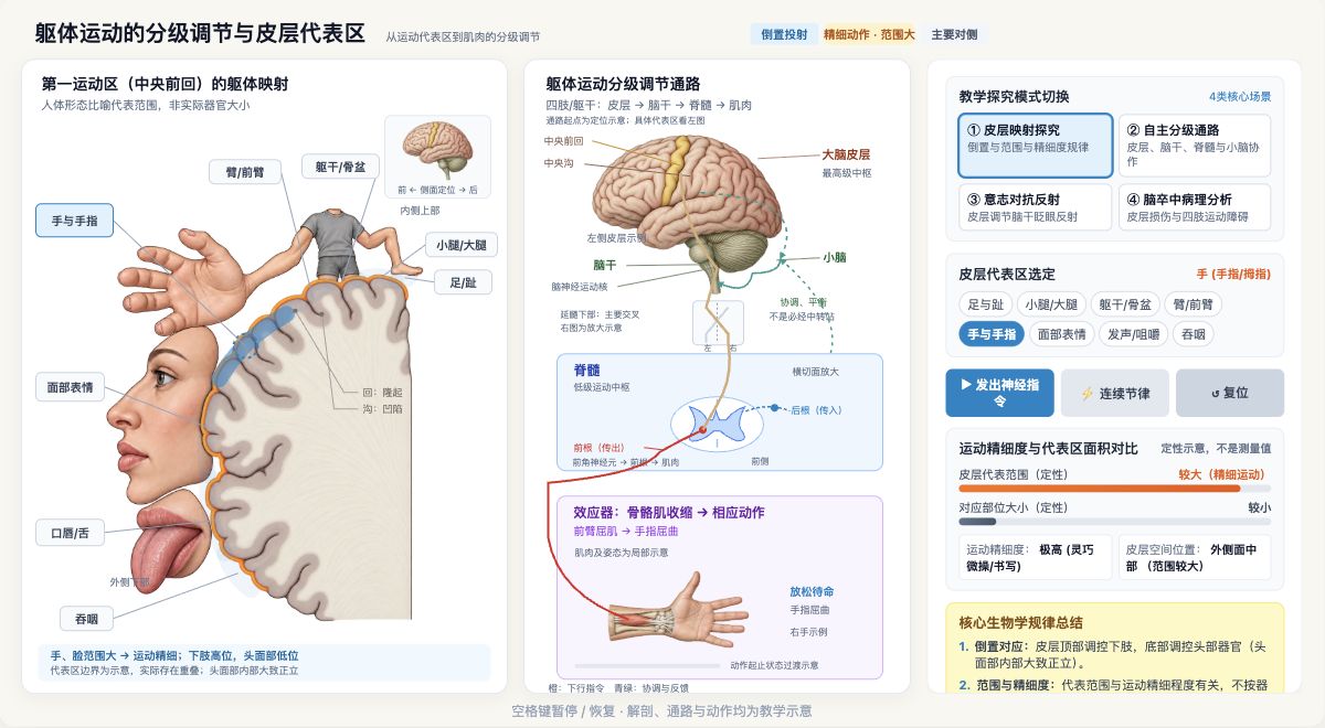 躯体运动的分级调节与皮层代表区