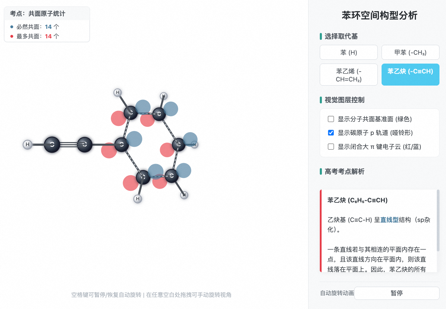 苯环大π键与取代基原子共平面透视