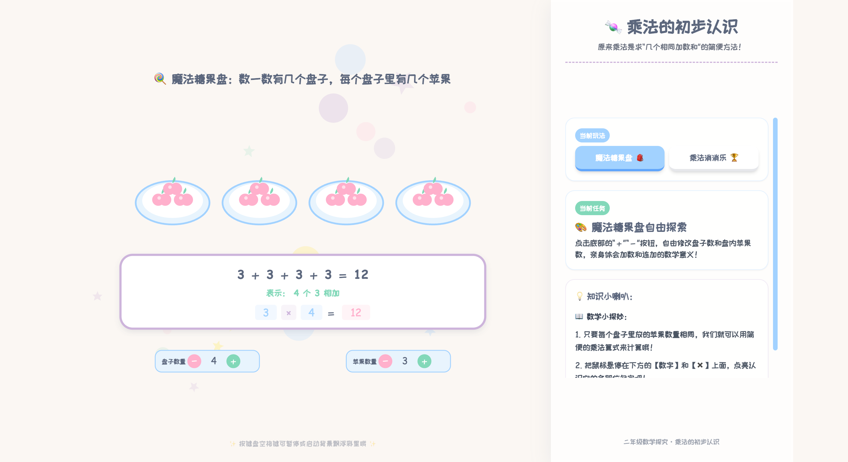 乘法含义互动演示:糖果盘与算式配对可视化