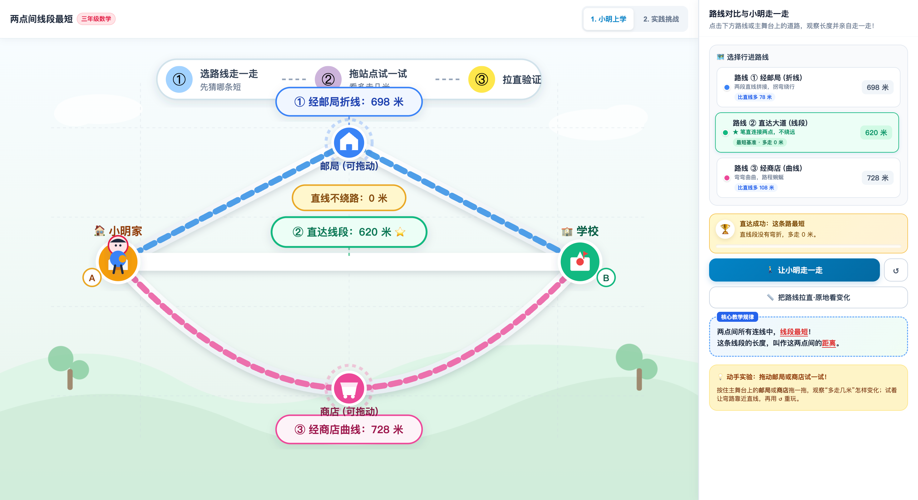 两点间线段最短：拖动位置看长度变化