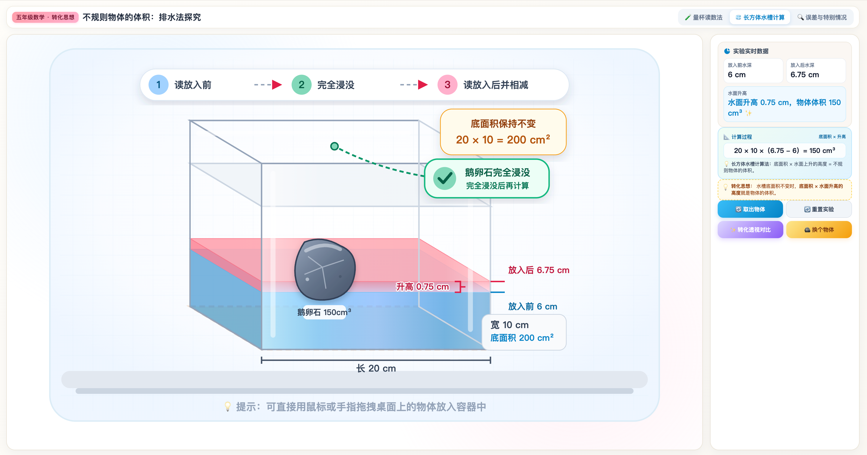 不规则物体体积:排水法与水位上升的直观演示